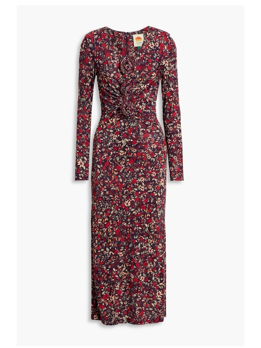 FARM Rio Burgundy Floral Ruched Long-Sleeve Maxi Dress